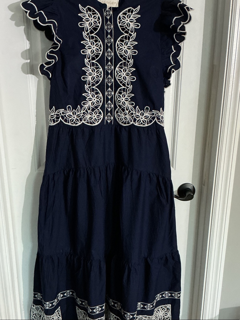 Love the Label Romy Embroidered Midi Dress Navy Blue Embroidered Tiered Dress